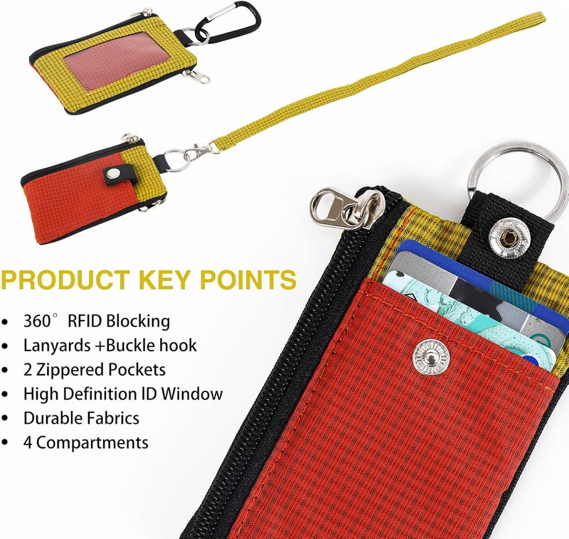 MASAPHIL MASAPHlL Small Lanyard Wallet for Women/Men with RFID Blocking ID Card Wallet, Minimalist Nylon Zipper Pouch, Travel Neck Wallet with Keychain, ID Window for Card,Coin,Cash (Deep red+Golden Yellow) - Image 3